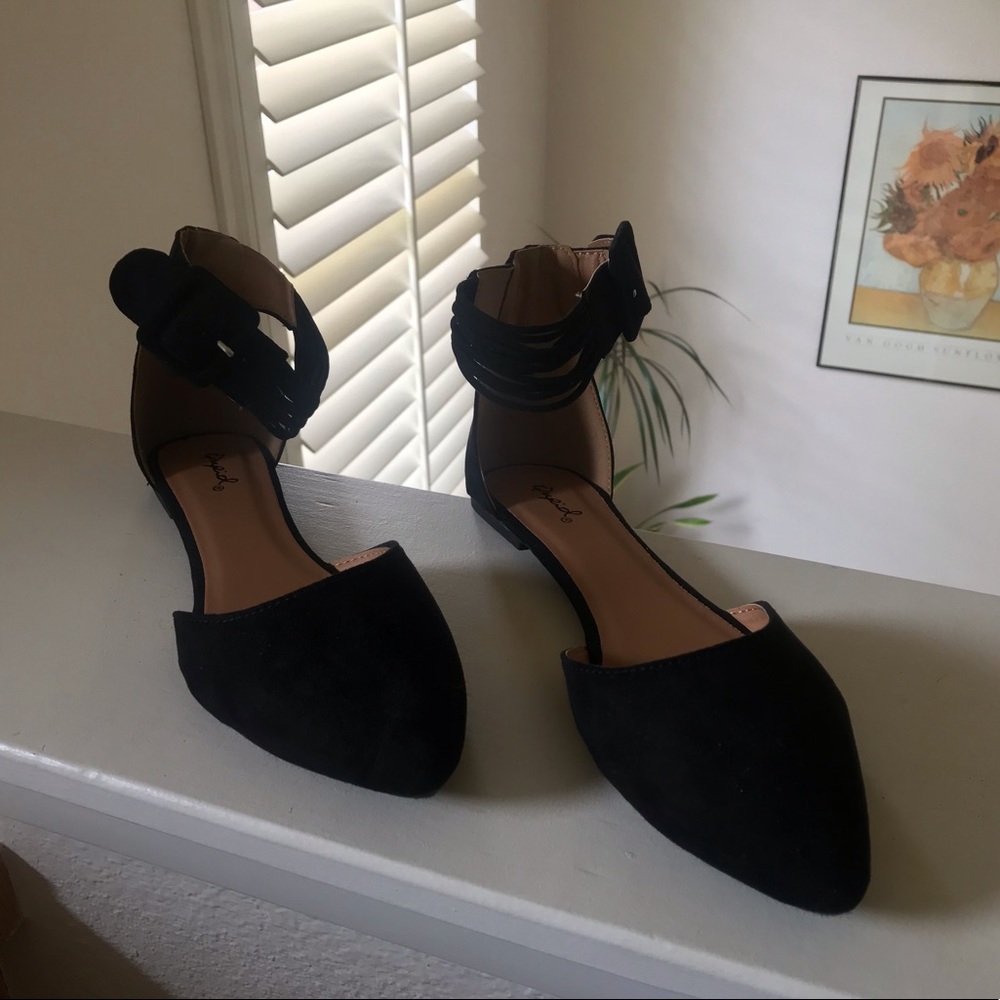 Black, faux suede, ankle strapped flats